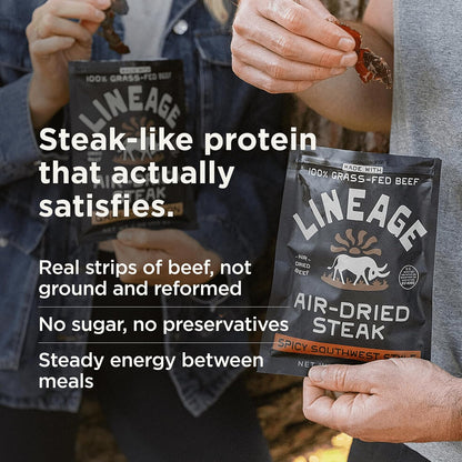 Lineage Provisions Air-Dried Steak Jerky Bites, 3-Pack | 100% grass fed nutrient-dense carnivore snacks, keto-friendly steak jerky with zero sugar, zero carbs & high protein snack.