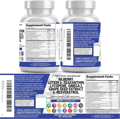 Clean Nutra Eye Vitamins with Bilberry Lutein and Zeaxanthin Supplements Lycopene 40mg Resveratrol Grape Seed Astaxanthin for Eyes - Eye Care Health Support Eye Vitamin and Mineral Supplement