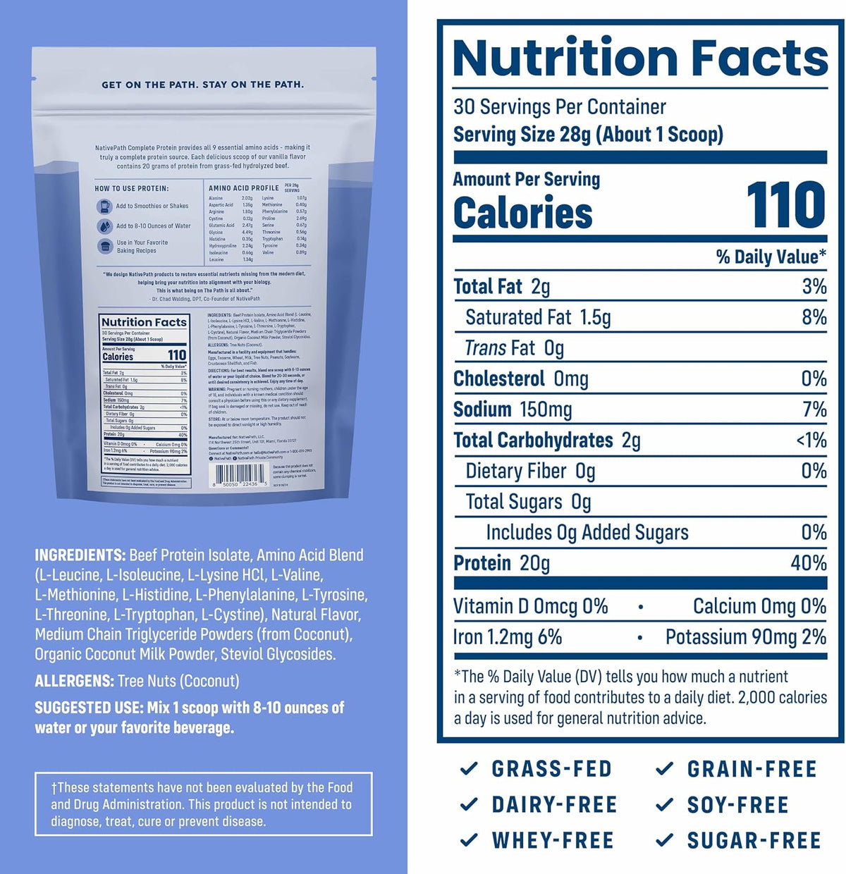 NativePath Complete Protein, 20g Grass-Fed Beef, Vanilla, 30 Servings | Dairy-Free, Whey-Free Isolate, Essential Aminos Plus MCTs, Lactose-Free & Easy To Digest, Keto, No Sugar