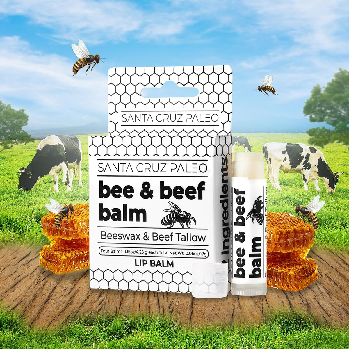 Santa Cruz Paleo Grass Fed Beef Tallow & Beeswax Lip Balm, 1 Pack, Beef Tallow for Skin Care Moisturizer, Hypoallergenic for Sensitive Skin, Long Lasting & Vitamin Rich, Unflavored