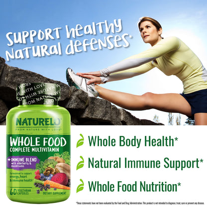 NATURELO Whole Food Multivitamin + Immune Blend with Elderberry & Mushrooms - Complete Multivitamin with Extra Immune Support - C, D3, Zinc, Elderberry, Reishi, Shitake - 60 Vegan Capsules