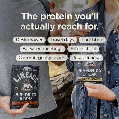 Lineage Provisions Air-Dried Steak Jerky Bites, 3-Pack | 100% grass fed nutrient-dense carnivore snacks, keto-friendly steak jerky with zero sugar, zero carbs & high protein snack.