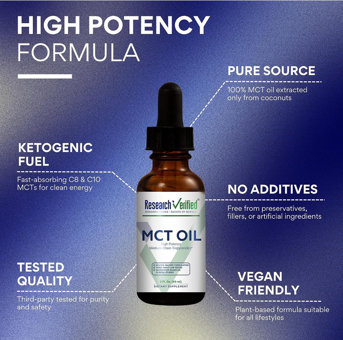 Research Verified 100% MCT Oil - 2 Fl. Oz. - 1 Bottle - Vegan Friendly
