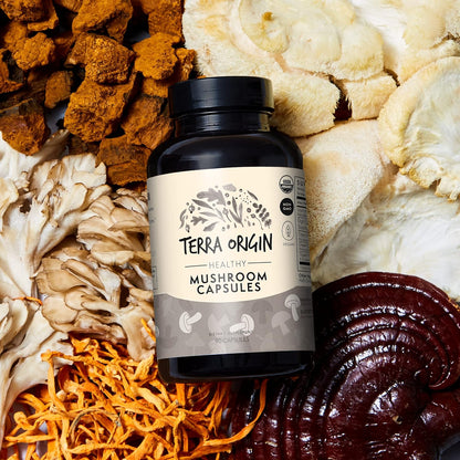 TERRA ORIGIN Healthy Mushroom Complex Supplement | 90 Capsules | Reishi, Lions Mane, Changa, Cordyceps, Maitake | Immune & Nootropic Brain Support | Certified USDA Organic, Non GMO, Vegan