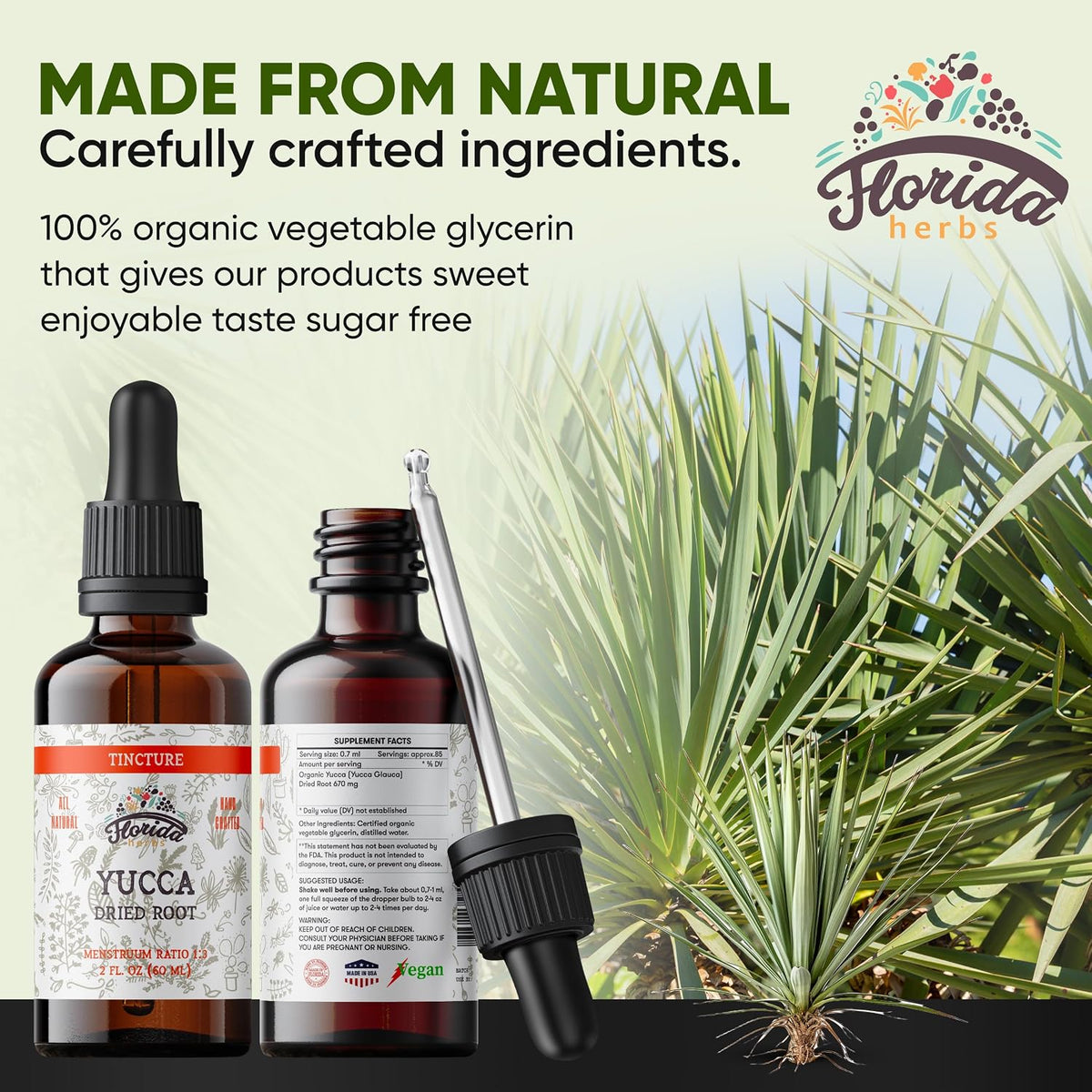 Yucca Tincture, Organic Yucca Extract (Yucca Glauca) Dried Root Herbal Supplement, Non-GMO in Cold-Pressed Organic Vegetable Glycerin, 700 mg, 2 oz (60 ml)