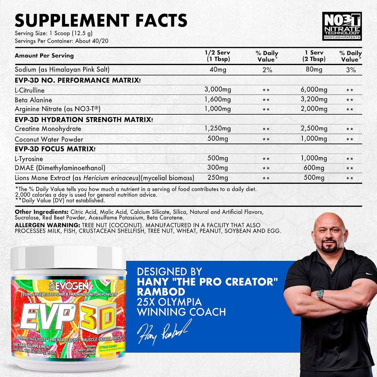 Evogen EVP 3D Stim Free Pre-Workout | Citrus Candy | 40 Servings | Arginine nitrate, L-citrulline, beta-alanine and creatine with lion's mane, L-tyrosine and DMAE for pumps and focus