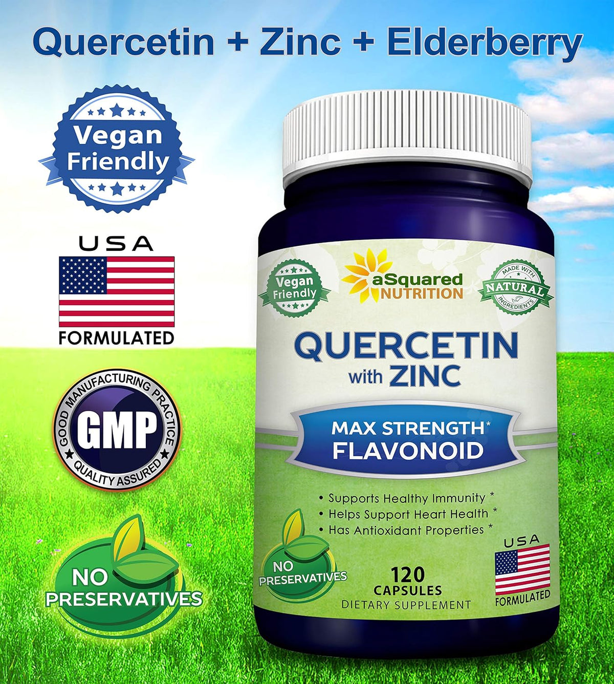 Quercetin with Zinc Supplement - 1000mg Per Serving - 120 Capsules | Quercetin Dihydrate with Zinc & Black Elderberry - Max Strength Powder Complex Pills to Help Improve Immune Response