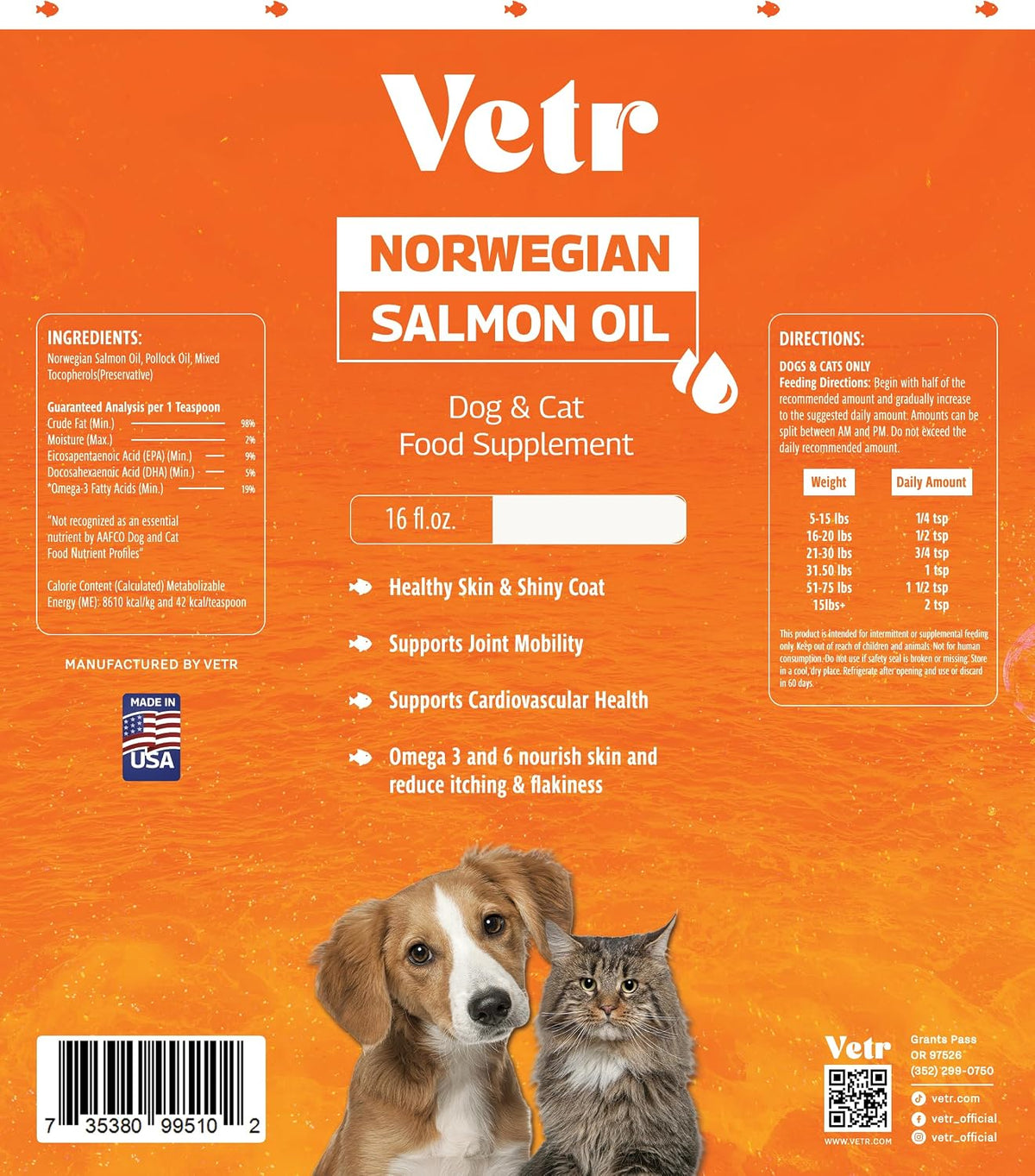 Vetr Norwegian Salmon Oil for Dogs & Cats, 16.9 oz Squeeze Bottle - Pure Wild-Caught Omega-3 Fish Oil Liquid Supplement - Supports Healthy Skin & Shiny Coat
