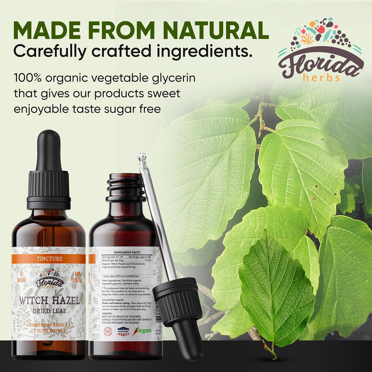 Witch Hazel Leaf Tincture, Witch Hazel Leaf Extract (Hamamelis Virginia) Herbal Supplement, Non-GMO in Cold-Pressed Organic Vegetable Glycerin 2 x 2 oz, 700 mg, 2 oz (60 ml)