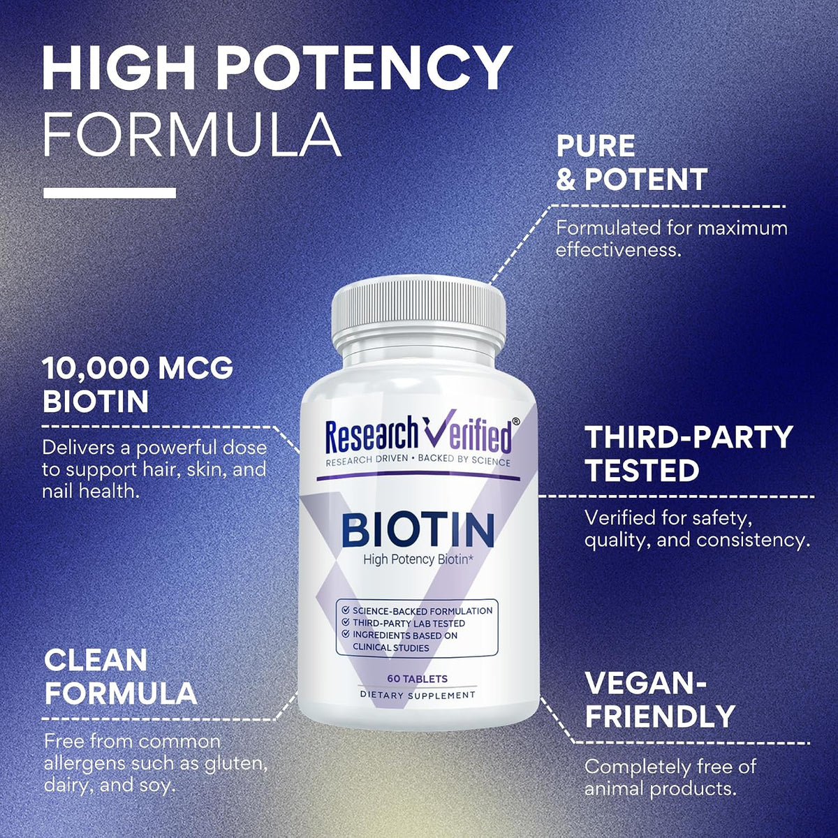 Research Verified Biotin – Pure Extra Strength Biotin 10000mcg – Hair Skin and Nails Vitamin – Third-Party Tested, Made in USA – 60 Vegan Tablets