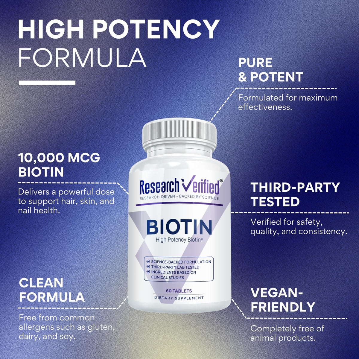 Research Verified Biotin – Pure Extra Strength Biotin 10000mcg – Hair Skin and Nails Vitamin – Third-Party Tested, Made in USA – 60 Vegan Tablets