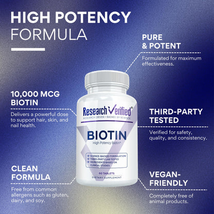 Research Verified Biotin – Pure Extra Strength Biotin 10000mcg – Hair Skin and Nails Vitamin – Third-Party Tested, Made in USA – 60 Vegan Tablets