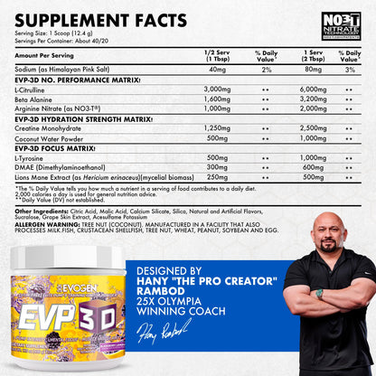 Evogen EVP 3D Stim Free Pre-Workout | Citrus Candy | 40 Servings | Arginine nitrate, L-citrulline, beta-alanine and creatine with lion's mane, L-tyrosine and DMAE for pumps and focus