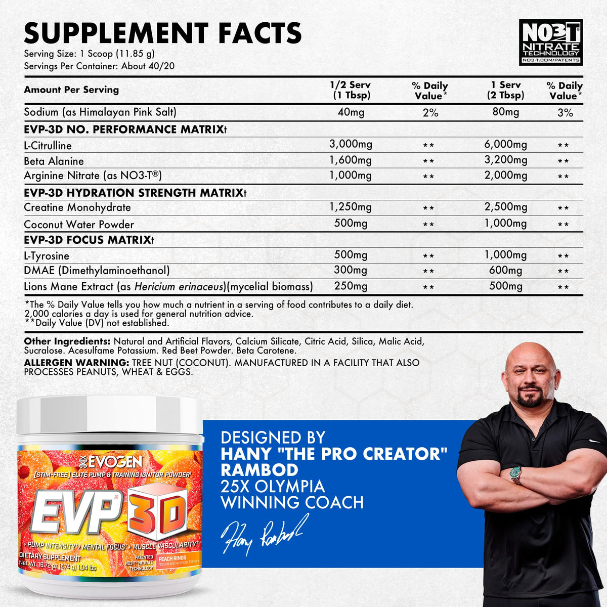 Evogen EVP 3D Stim Free Pre-Workout | Citrus Candy | 40 Servings | Arginine nitrate, L-citrulline, beta-alanine and creatine with lion's mane, L-tyrosine and DMAE for pumps and focus