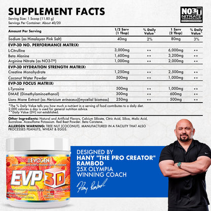 Evogen EVP 3D Stim Free Pre-Workout | Citrus Candy | 40 Servings | Arginine nitrate, L-citrulline, beta-alanine and creatine with lion's mane, L-tyrosine and DMAE for pumps and focus