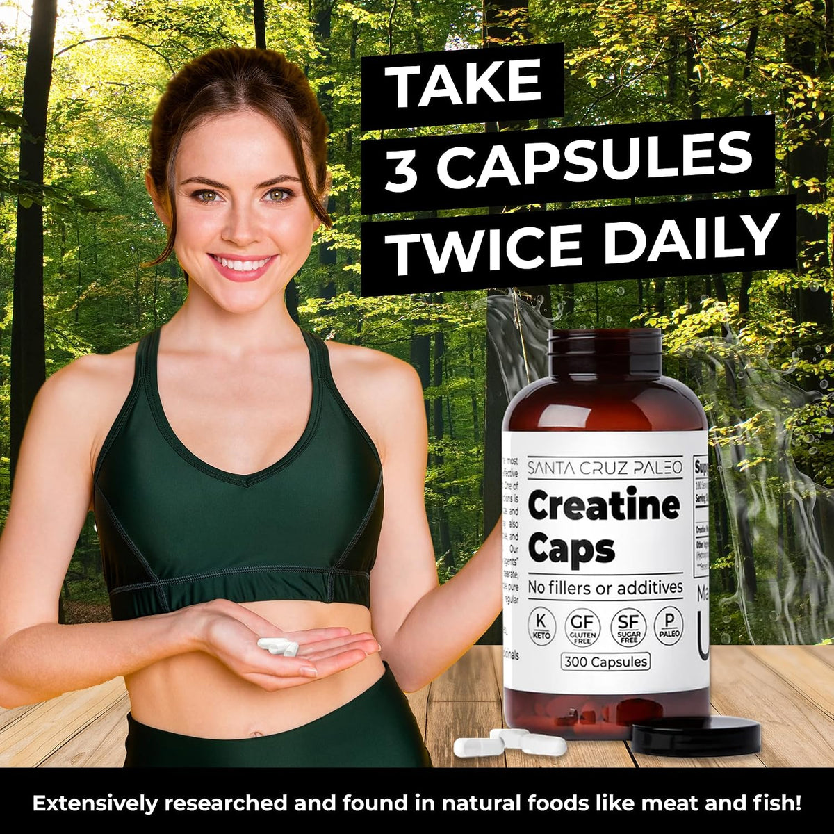 Santa Cruz Paleo Creatine Capsules, Supports Muscle Growth & Energy, Gluten Free, Keto, Sugar Free, Paleo, No Fillers or Additives, Creatine Monohydrate Pills, 2500mg, 100 Servings, 300 Capsules
