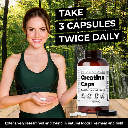 Santa Cruz Paleo Creatine Capsules, Supports Muscle Growth & Energy, Gluten Free, Keto, Sugar Free, Paleo, No Fillers or Additives, Creatine Monohydrate Pills, 2500mg, 100 Servings, 300 Capsules