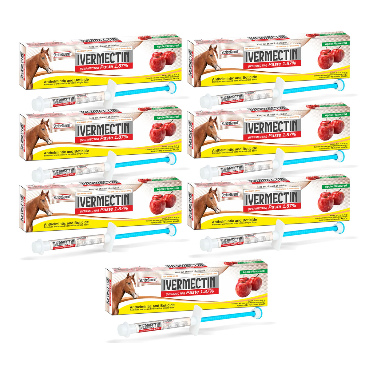 Horse Ivermectin Paste 1.87% – Apple Flavored Oral Horse Dewormer Syringe – 6.08g Tube Treats Horses Up to 1250 LB [Pack-5]