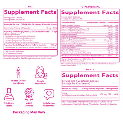 Pink Stork Ultimate Prenatal Vitamin Trio: Total Prenatal + Pro + Folate, Pregnancy Probiotic for Women