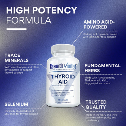 Research Verified® Thyroid Aid - Optimal Thyroid Function with Iodine Copper & Zinc - 260 mcg Selenium - 100% Pure - Vegan Friendly - 60 Capsules - 1 Month Supply