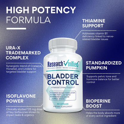 Research Verified Bladder Control - Leakage & Urgency - Pumpkin Seed, Soy Isoflavones, Thiamine - 60 Vegan Capsules - Pack of 1