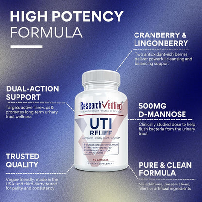 Research Verified UTI Relief - Urinary Tract Support Supplement - 100% Natural, Vegan with Lingonberry, Cranberry & D-Mannose - 6 Bottle (6 Month Supply)