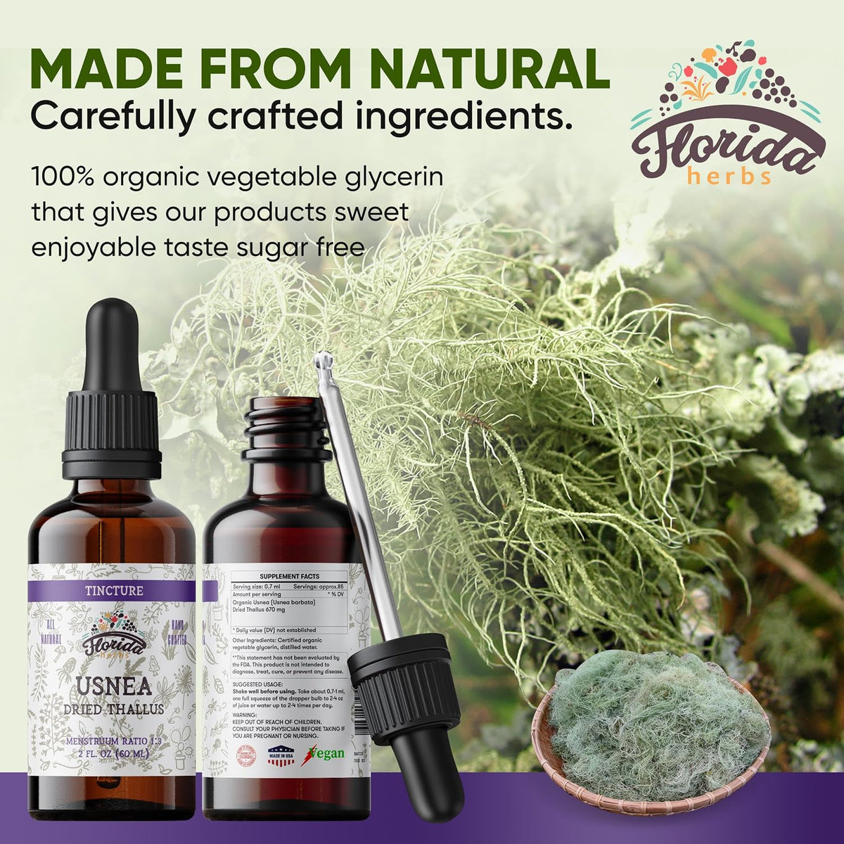 Usnea Tincture Alcohol Free, Organic Usnea Extract (Usnea barbata) Dried Thallus Herbal Supplement, Non-GMO in Cold-Pressed Organic Vegetable Glycerin, 700 mg, 2 oz (60 ml)
