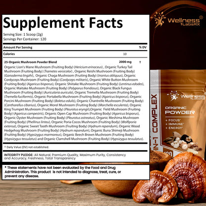 WELLNESS LABSRX Mushroom Powder, 25 in 1 Mushrooms Supplement - 2000mg, 25 Superfood Mishroom Lions Mane Powder with Chaga, Shiitake, Cordyceps, Reishi - Lion's Mane Mushroom - 120 Servings