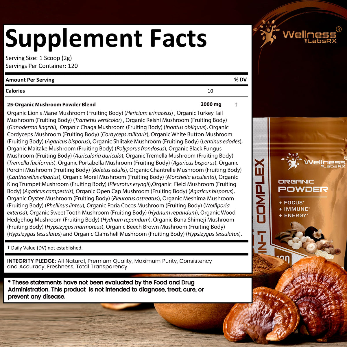 WELLNESS LABSRX Mushroom Powder, 25 in 1 Mushrooms Supplement - 2000mg, 25 Superfood Mishroom Lions Mane Powder with Chaga, Shiitake, Cordyceps, Reishi - Lion's Mane Mushroom - 120 Servings