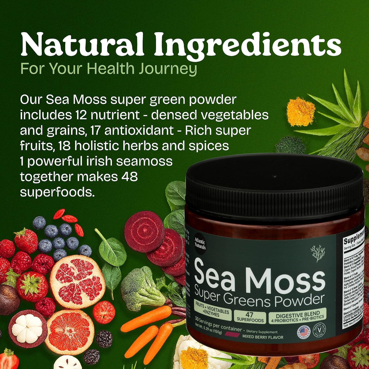 Atlantic Naturals Sea Moss Super Greens Powder – Organic Green Superfood Drink Mix with Fruits, Veggies & Probiotics – Energy, Digestion & Immune Support – 5000mg, Mixed Flavor