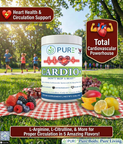 PURE® Cardio+ Nitric Oxide Heart & Circulation Support - 5000mg L-Arginine & 1000mg L-Citrulline - Mango, 30 Servings Powder, 375 Grams - CoQ10 Beet Root - High Potency Cardiovascular Formula