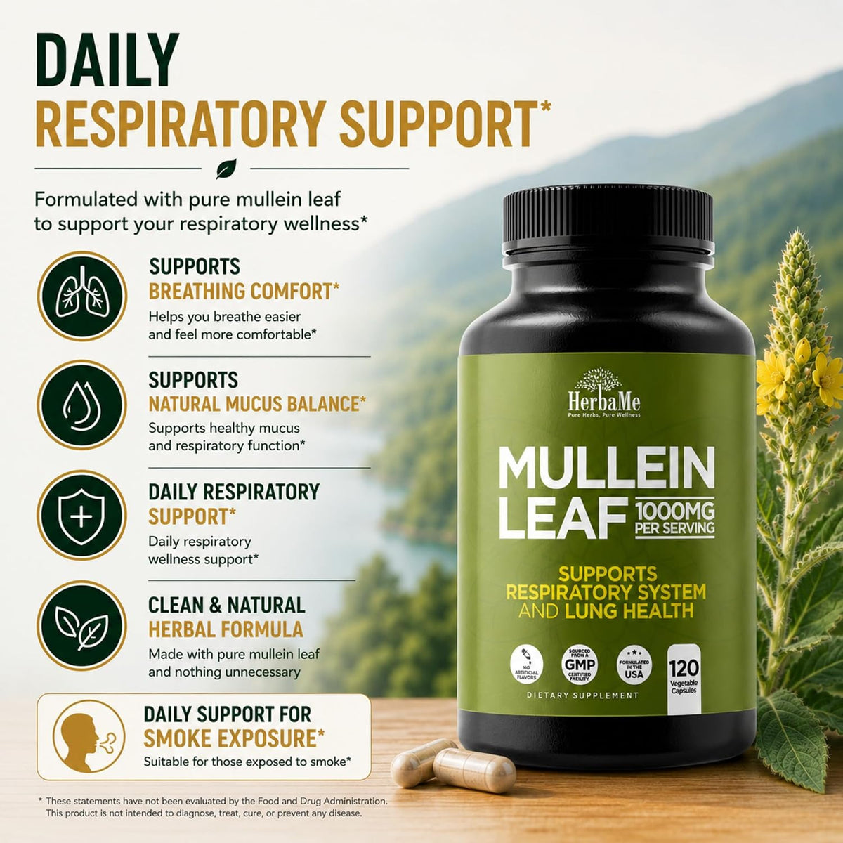 HerbaMe Mullein Leaf 1000mg, 120 Capsules - Daily Respiratory Support Supplement, Supports Breathing Comfort & Mucus Balance, Herbal Lung Support for Smokers, Men & Women - PrimeBioHealth - canada supplements
