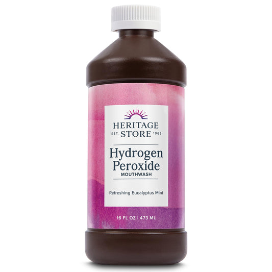 Heritage Store Hydrogen Peroxide Mouthwash - Daily Oral Care - Eucalyptus and Fresh Mint Mouth Wash - Gentle Bubbling Action for Clean, Healthy Gums and a Fresh Mouth, Sweetened with Xylitol, 16oz - PrimeBioHealth - canada supplements
