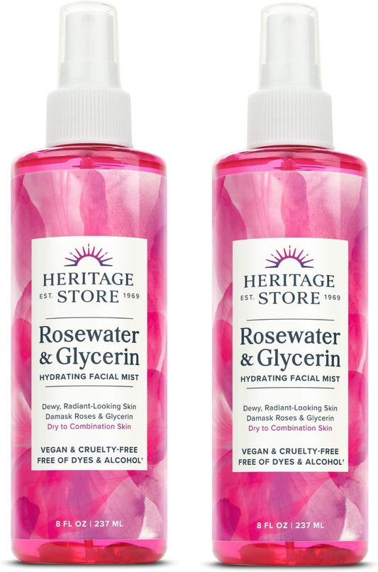 HERITAGE STORE Rosewater & Glycerin 2-pack - Hydrating Facial Mist - Dry Combination Skin Care - Rose Water Spray with Vegetable Glycerine - Made Without Dyes or Alcohol, Hypoallergenic, Vegan, 8oz ea - PrimeBioHealth - canada supplements