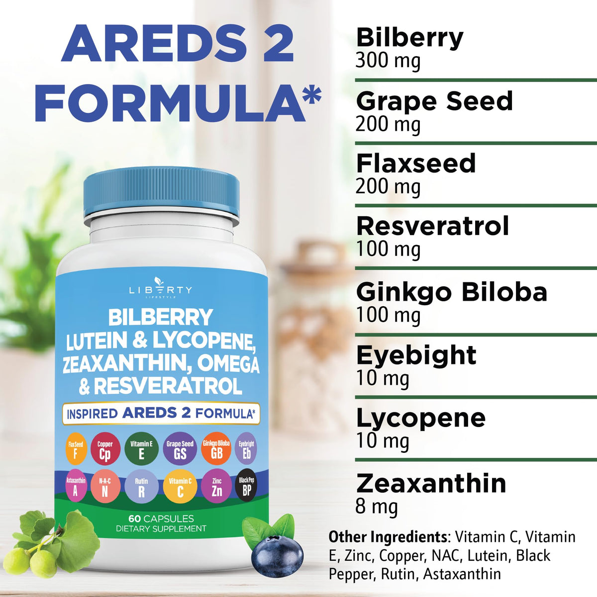Liberty Lifestyle Eye Health Vitamins with Bilberry, Lutein & Zeaxanthin, Lycopene, Resveratrol, Grape Seed Extract Flaxseed Astaxanthin- AREDS 2-180 Capsules - PrimeBioHealth - canada supplements