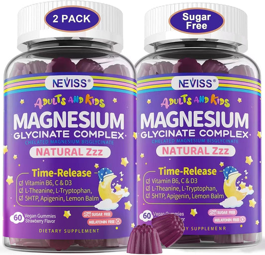 Magnesium Glycinate Gummies for Adults & Kids 4+, Sugar Free Magnesium Bisglycinate Supplement 400/200mg with B6D3, L-Theanine for Sleep & Relaxation, Brain, Muscle, Melatonin Free Gummies,2Pack - PrimeBioHealth - canada supplements