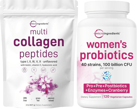 Micro Ingredients 8-in-1 Multi Collagen Powder & Women’s Probiotics 100 Billion CFU Veggie Capsules | 2 Pack | Hydrolyzed Peptides + Hyaluronic Acid & Vitamin C | 40 Strains + Cranberry & D-Mannose - PrimeBioHealth - canada supplements
