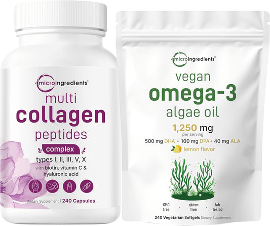 Micro Ingredients Multi Collagen Complex & Vegan Omega 3 Algae Oil Supplement Bundle 2 Pack | Grass-Fed Collagen Peptides | Omega-3 Full Spectrum Alternative to Fish Oil - PrimeBioHealth - canada supplements