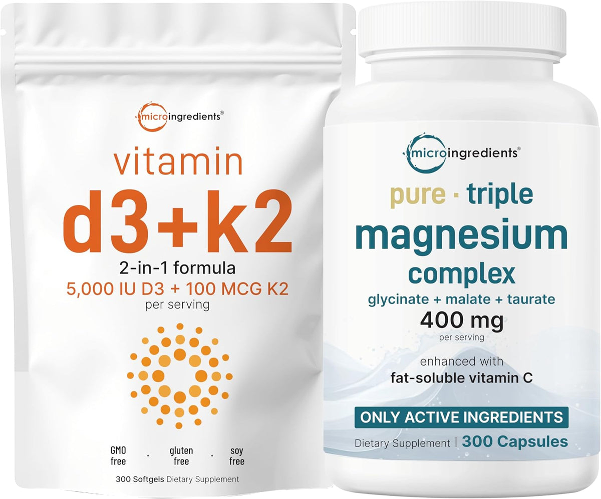 Micro Ingredients Vitamin D3 5,000iu + K2 100mcg Softgels & Pure Triple Magnesium Complex 400mg Capsules | 2 Pack Bundle | Essential D & K Sunshine Vitamins | Glycinate, Malate, & Taurate Forms - PrimeBioHealth - canada supplements