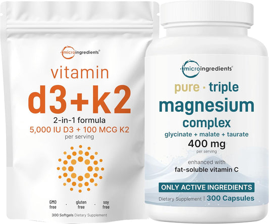 Micro Ingredients Vitamin D3 5,000iu + K2 100mcg Softgels & Pure Triple Magnesium Complex 400mg Capsules | 2 Pack Bundle | Essential D & K Sunshine Vitamins | Glycinate, Malate, & Taurate Forms - PrimeBioHealth - canada supplements