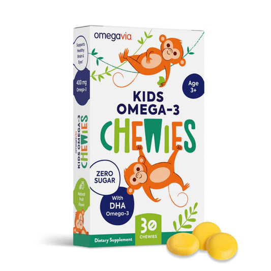 OmegaVia Omega 3 Chewies, Daily DHA Chewable Vitamins for Kids, Omega 3 for Ages 3-12 to Support Brain & Eye Health, Sugar-Free Natural Fruit Flavor, Omega 3 Fish Oil, 30 Individual Packets - PrimeBioHealth - canada supplements