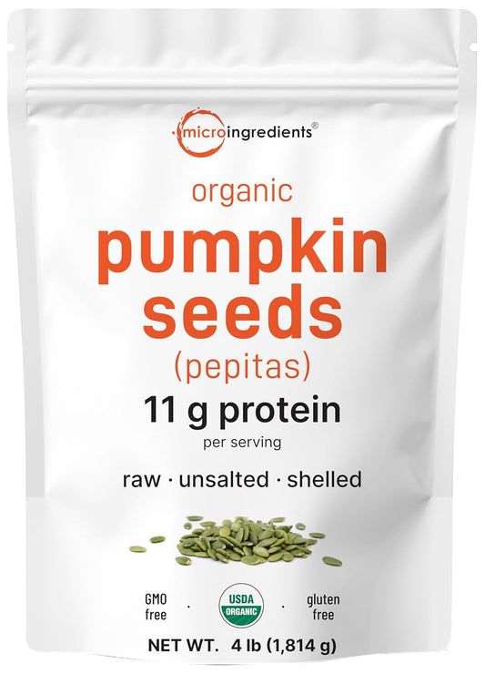 Organic Pumpkin Seeds, 4lbs | Raw, Unsalted, & Shelled – Whole Pepitas | Pumpkin Seeds to Eat | Great for Baking, Smoothies, & Salad Toppings | Natural Source of Essential Fatty Acids, Protein, & Iron - PrimeBioHealth - canada supplements