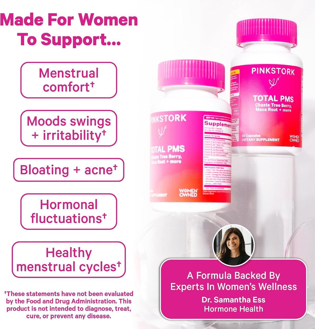 Pink Stork PMS Supplement for Women - Vitex, Ashwagandha, Maca Root & 10 Vitamins & Minerals to Support Hormone Balance, Mood, Bloating, Period Regularity - 60 Capsules - PrimeBioHealth - canada supplements
