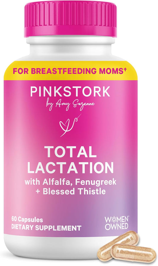 Pink Stork Total Lactation Supplement for Breast Milk Supply, Organic Fenugreek and Alfalfa to Support Breastfeeding, Milk Flow, and Production, Postpartum Essentials - 60 Capsules - PrimeBioHealth - canada supplements