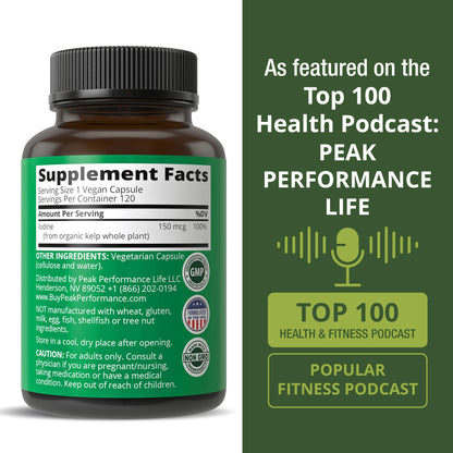 Raw Whole Food Iodine Supplement from Organic Kelp (Ascophyllum Nodosum) by Peak Performance. Potassium Iodide Support Tablets. for Metabolism, Energy, and Immune. 60 Vegan Capsules, Pills - PrimeBioHealth - canada supplements