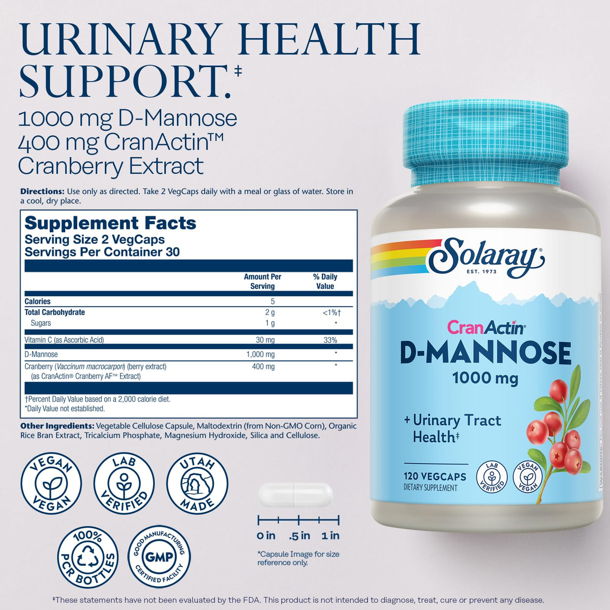 Solaray D-Mannose 1000mg with CranActin Cranberry Supplement 400mg, Urinary Tract Health & Bladder Support Capsules with Vitamin C, Vegan, 60 Day Guarantee, 75 Servings, 150 VegCaps - PrimeBioHealth - canada supplements