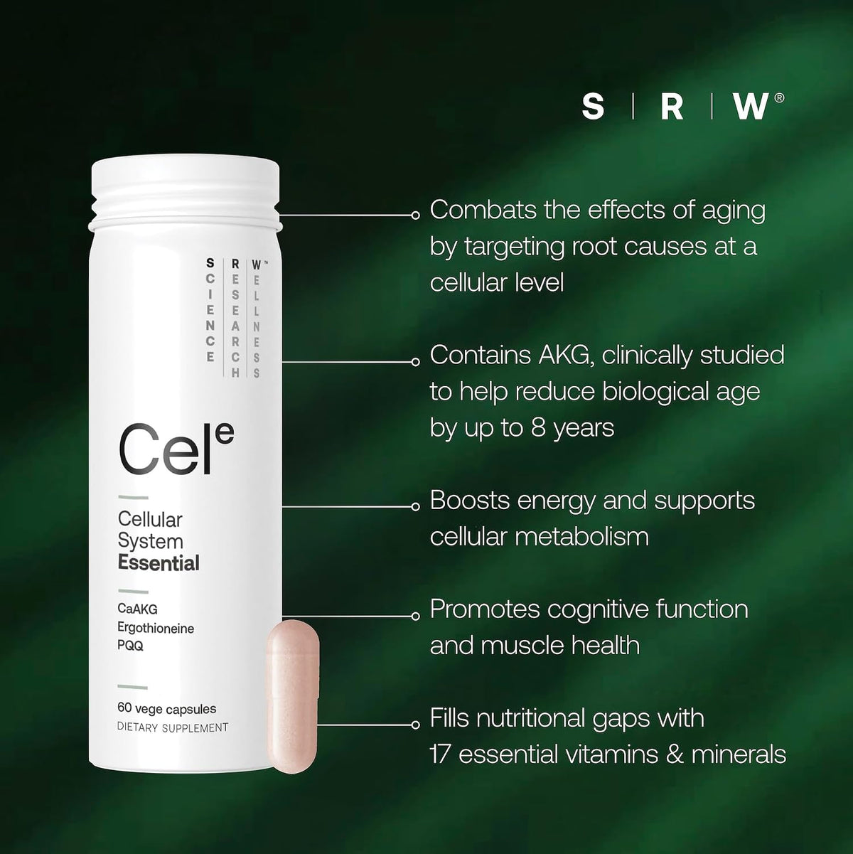 SRW Cel Essential | Wellness Supplement for Healthy Aging and Longevity | Supports Energy, Mental Performance + Muscle Health | 17 Vitamins & Minerals | Suitable for All Ages | 60 Capsules - PrimeBioHealth - canada supplements
