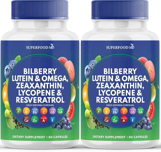 Superfood MD Eye Health Vitamins with Bilberry Lutein & Zeaxanthin Lycopene 40mg Resveratrol Grape Seed Extract Astaxanthin- AREDS 2 - Eye Vitamin - 120 Capsules - PrimeBioHealth - canada supplements